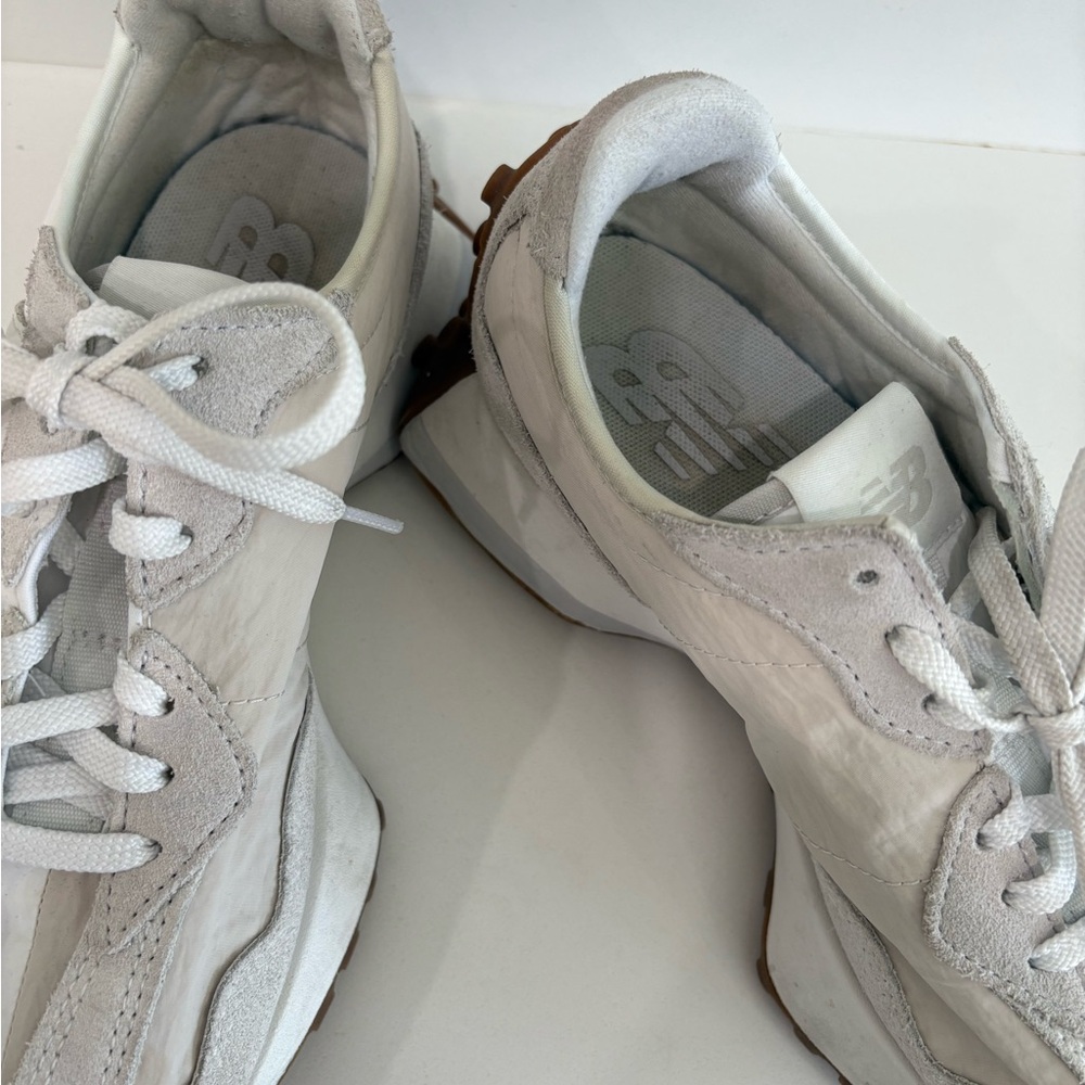 New Balance Women’s Athletic Sneakers in White and Light Gray with Gum Sole - Picture 6 of 10